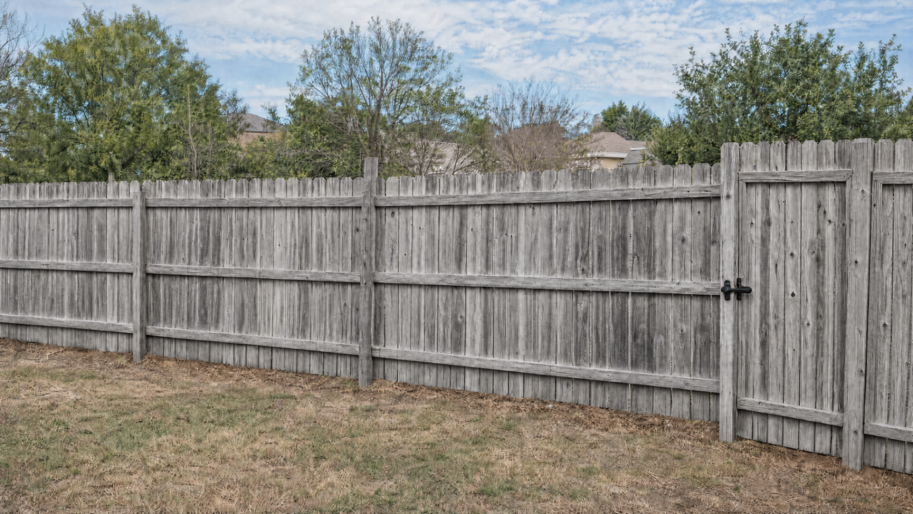 Weathered, unstained cedar privacy fence in Lubbock TX before staining